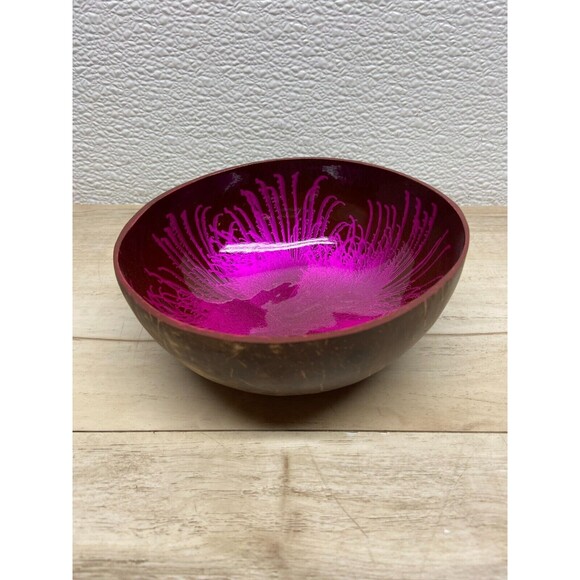 Coconut Shell Bowl Pink Splash Handmade And Painted - Picture 2 of 5